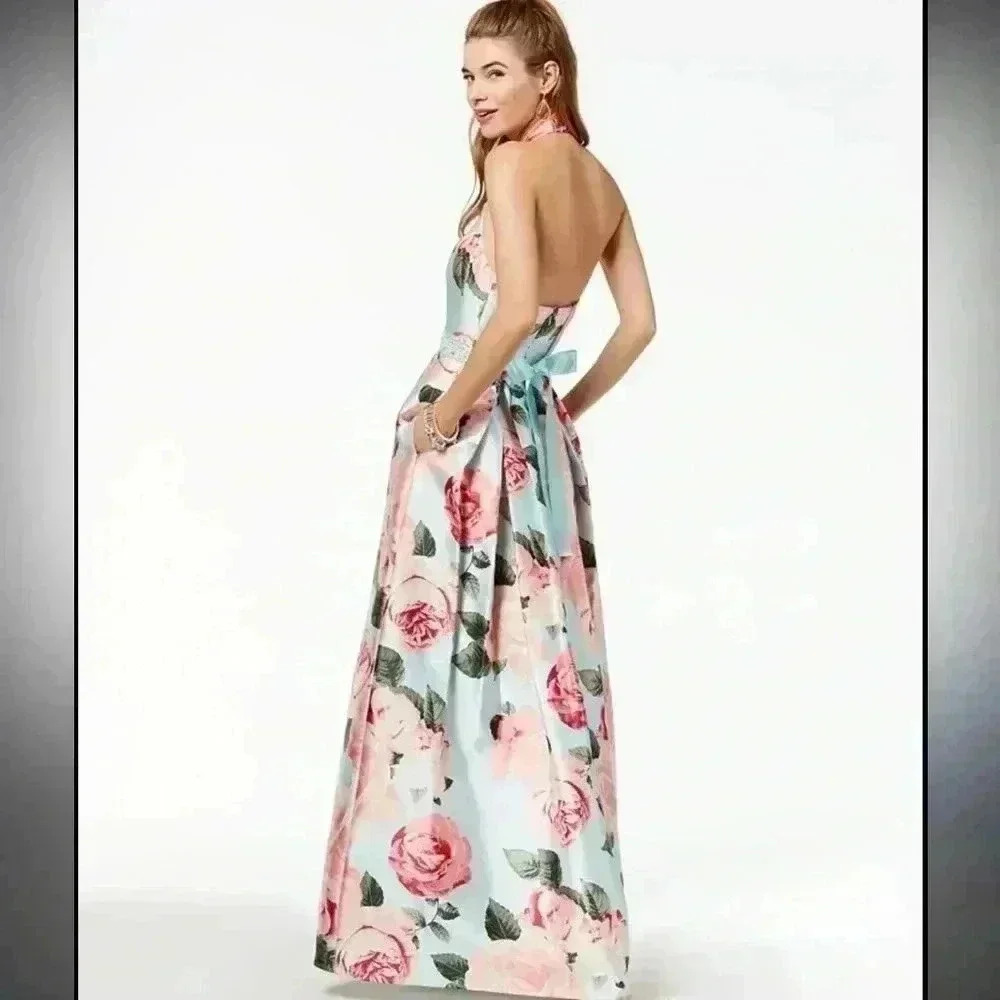 Teeze Me Teal & Pink Floral Long Prom Dress w/ Pockets and Pearl Bow Ribbon Belt